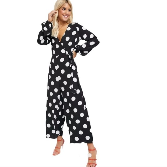 ASOS DESIGN wrap tie jumpsuit mono polka dot dots size 6 - Picture 3 of 7